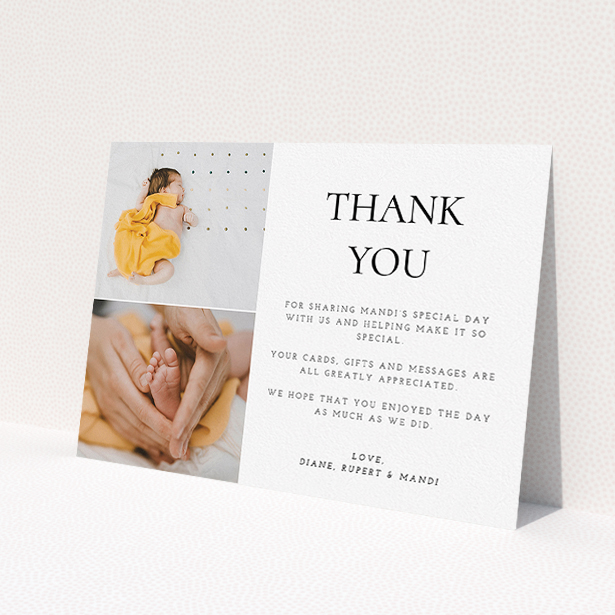 A christening thank you card design titled 'Stacked Frames in Thirds'. It is an A5 card in a landscape orientation. It is a photographic christening thank you card with room for 2 photos. 'Stacked Frames in Thirds' is available as a flat card, with mainly white colouring.