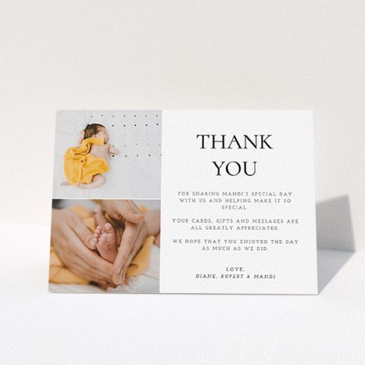 A christening thank you card design titled "Stacked Frames in Thirds". It is an A6 card in a landscape orientation. It is a photographic christening thank you card with room for 2 photos. "Stacked Frames in Thirds" is available as a folded card, with mainly white colouring.