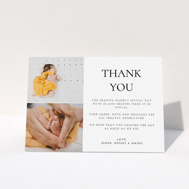 A christening thank you card design titled "Stacked Frames in Thirds". It is an A6 card in a landscape orientation. It is a photographic christening thank you card with room for 2 photos. "Stacked Frames in Thirds" is available as a folded card, with mainly white colouring.