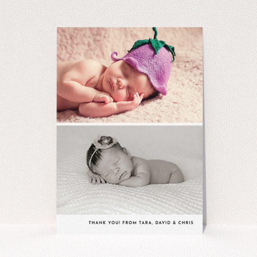 A christening thank you card template titled "Stacked Landscapes". It is an A5 card in a portrait orientation. It is a photographic christening thank you card with room for 2 photos. "Stacked Landscapes" is available as a flat card, with mainly white colouring.