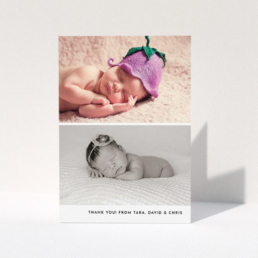 A christening thank you card template titled "Stacked Landscapes". It is an A5 card in a portrait orientation. It is a photographic christening thank you card with room for 2 photos. "Stacked Landscapes" is available as a folded card, with mainly white colouring.