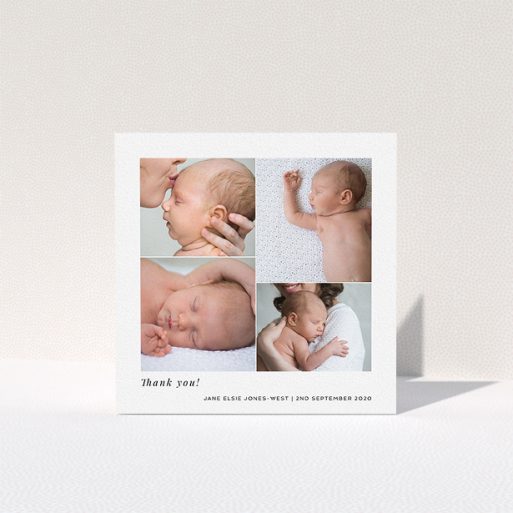 A christening thank you card template titled "Stacked Photos". It is a square (148mm x 148mm) card in a square orientation. It is a photographic christening thank you card with room for 4 photos. "Stacked Photos" is available as a folded card, with mainly white colouring.