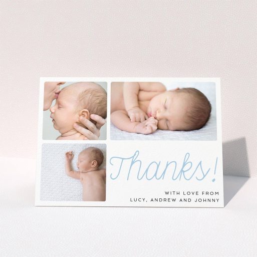 Christening Thank You Card - Thank You Cursive (Baby Boy) A christening thank you card named "Thank You Cursive". It is an A6 card in a landscape orientation. It is a photographic christening thank you card with room for 3 photos. "Thank You Cursive" is available as a folded card, with tones of white and blue.