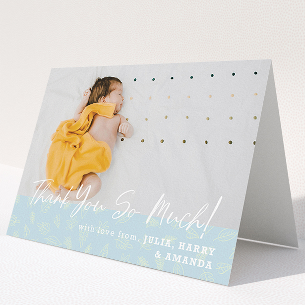 A christening thank you card called "Thank You So Much". It is an A5 card in a landscape orientation. It is a photographic christening thank you card with room for 1 photo. "Thank You So Much" is available as a folded card, with tones of blue and white.