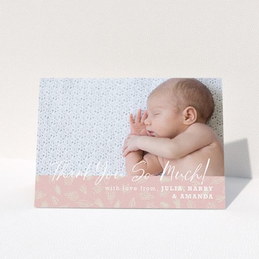 A christening thank you card design named "Thank You So Much". It is an A6 card in a landscape orientation. It is a photographic christening thank you card with room for 1 photo. "Thank You So Much" is available as a folded card, with tones of pink and white.