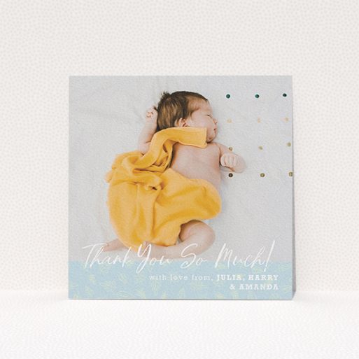 A christening thank you card design titled "Thank You So Much". It is a square (148mm x 148mm) card in a square orientation. It is a photographic christening thank you card with room for 1 photo. "Thank You So Much" is available as a flat card, with tones of blue and white.