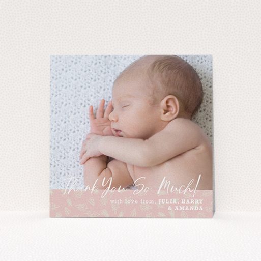 A christening thank you card named "Thank You So Much". It is a square (148mm x 148mm) card in a square orientation. It is a photographic christening thank you card with room for 1 photo. "Thank You So Much" is available as a flat card, with tones of pink and white.