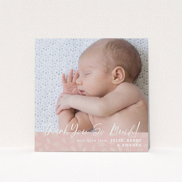 A christening thank you card named "Thank You So Much". It is a square (148mm x 148mm) card in a square orientation. It is a photographic christening thank you card with room for 1 photo. "Thank You So Much" is available as a flat card, with tones of pink and white.