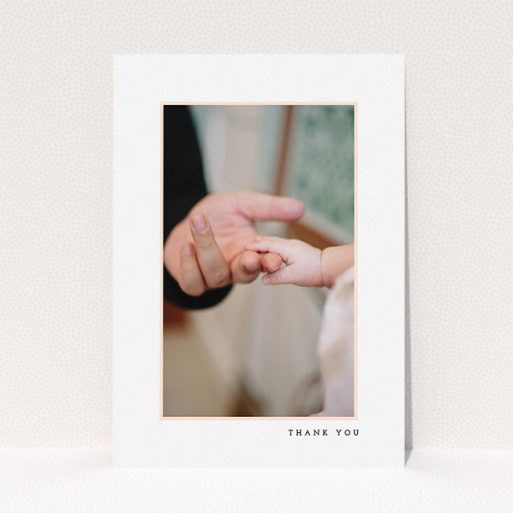 A christening thank you card called "Thin Pink Frame". It is an A5 card in a portrait orientation. It is a photographic christening thank you card with room for 1 photo. "Thin Pink Frame" is available as a flat card, with tones of white and pink.