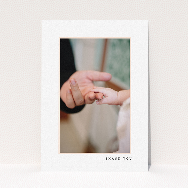 A christening thank you card called "Thin Pink Frame". It is an A5 card in a portrait orientation. It is a photographic christening thank you card with room for 1 photo. "Thin Pink Frame" is available as a flat card, with tones of white and pink.