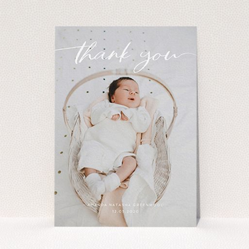 A christening thank you card design named "Topped and Bottomed". It is an A6 card in a portrait orientation. It is a photographic christening thank you card with room for 1 photo. "Topped and Bottomed" is available as a flat card, with mainly white colouring.
