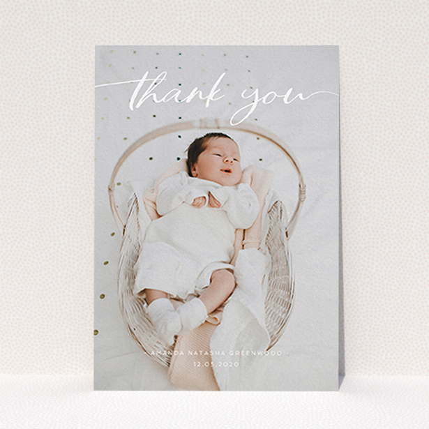 A christening thank you card design named "Topped and Bottomed". It is an A6 card in a portrait orientation. It is a photographic christening thank you card with room for 1 photo. "Topped and Bottomed" is available as a flat card, with mainly white colouring.