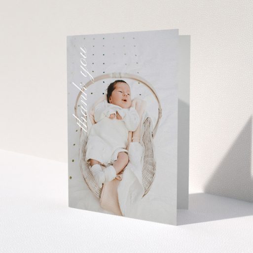 A christening thank you card named 'Up the Side'. It is an A5 card in a portrait orientation. It is a photographic christening thank you card with room for 1 photo. 'Up the Side' is available as a folded card, with mainly white colouring.