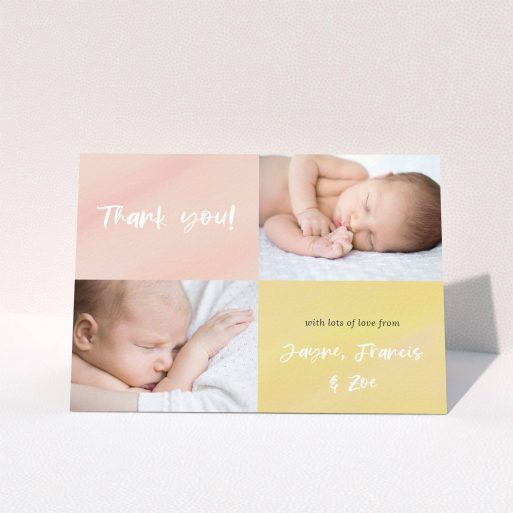A christening thank you card design called "Watercolour Corners". It is an A6 card in a landscape orientation. It is a photographic christening thank you card with room for 2 photos. "Watercolour Corners" is available as a folded card, with tones of yellow and purple.