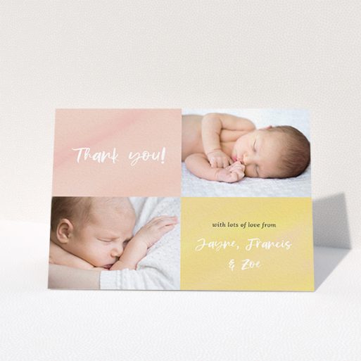 A christening thank you card design called "Watercolour Corners". It is an A6 card in a landscape orientation. It is a photographic christening thank you card with room for 2 photos. "Watercolour Corners" is available as a folded card, with tones of yellow and purple.
