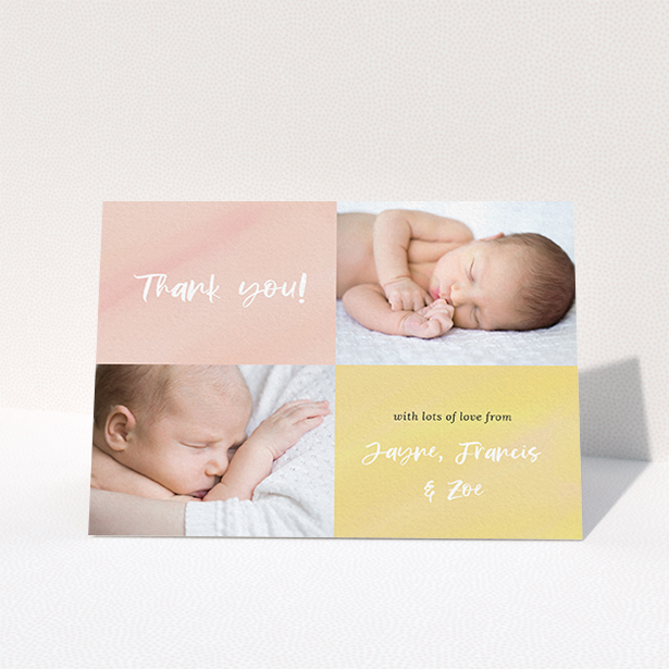 A christening thank you card design called "Watercolour Corners". It is an A6 card in a landscape orientation. It is a photographic christening thank you card with room for 2 photos. "Watercolour Corners" is available as a folded card, with tones of yellow and purple.