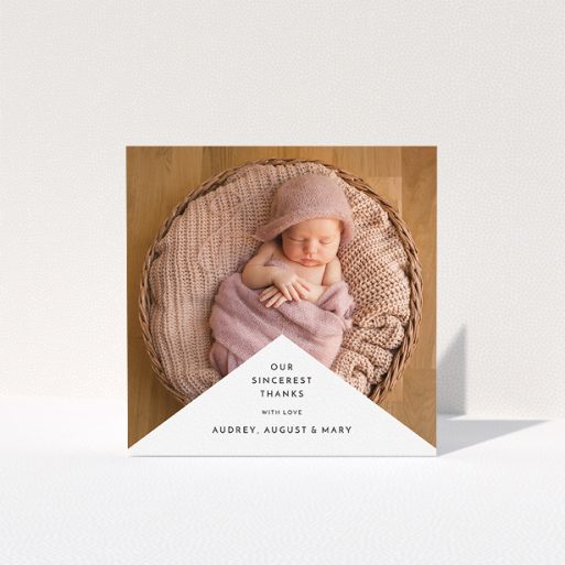 A christening thank you card design called "Wedge Frame". It is a square (148mm x 148mm) card in a square orientation. It is a photographic christening thank you card with room for 1 photo. "Wedge Frame" is available as a folded card, with mainly white colouring.