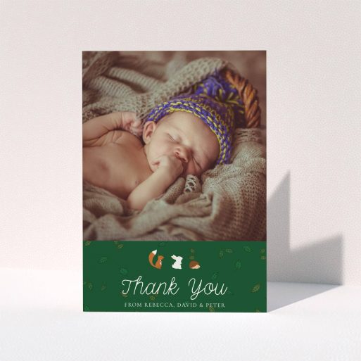 A christening thank you card design named "Woodland Chums". It is an A6 card in a portrait orientation. It is a photographic christening thank you card with room for 1 photo. "Woodland Chums" is available as a folded card, with tones of green and white.