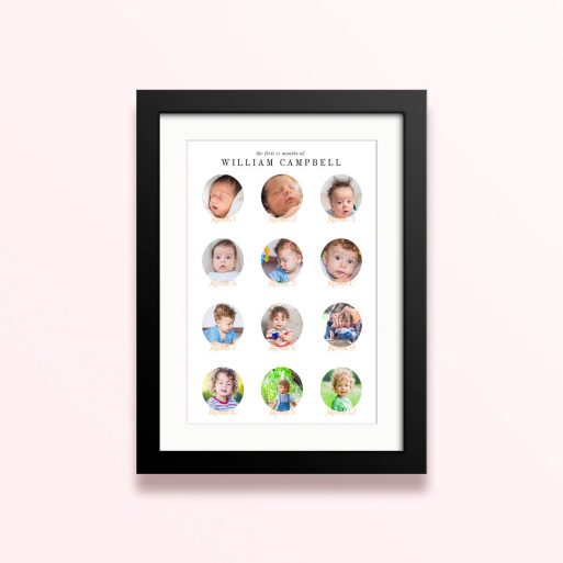 Framed and mounted photo print showcasing 12 photos documenting the first year of a child's life.