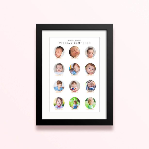 Framed and mounted photo print showcasing 12 photos documenting the first year of a child's life.