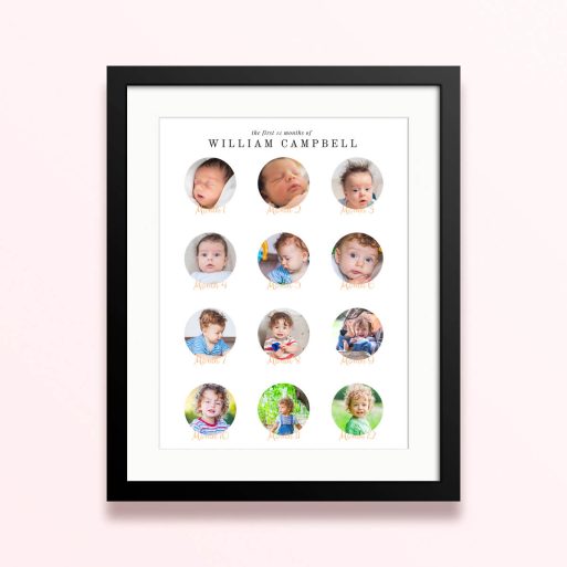 Framed and mounted photo print showcasing 12 photos documenting the first year of a child's life.