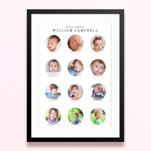 Framed and mounted photo print showcasing 12 photos documenting the first year of a child's life.