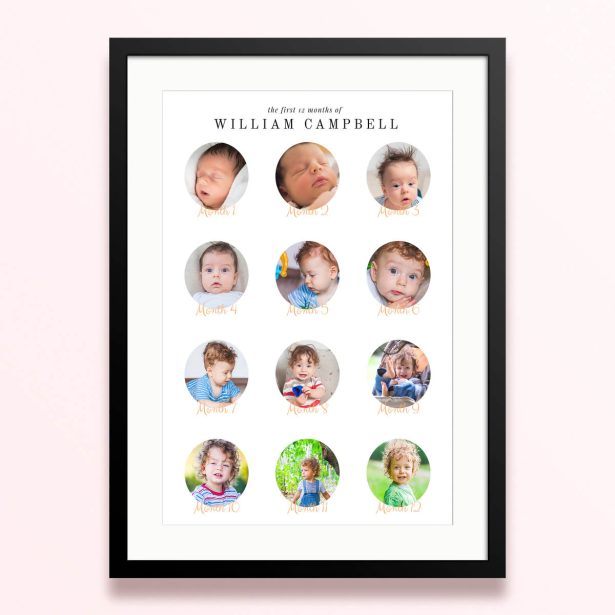 Framed and mounted photo print showcasing 12 photos documenting the first year of a child's life.