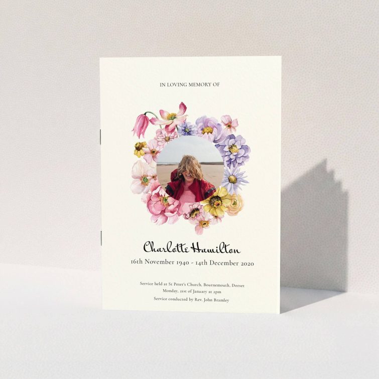 Floral funeral order of service program design featuring one photo.