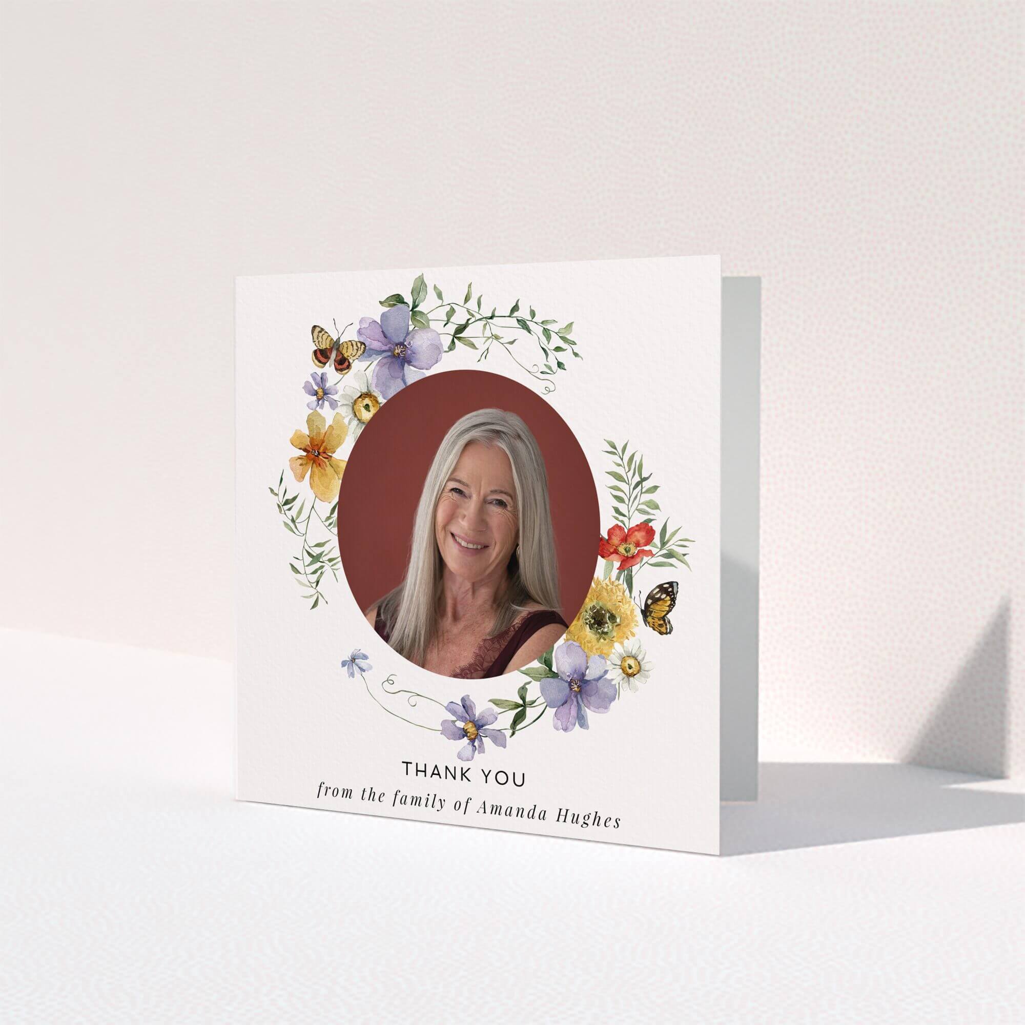 Floral funeral thank you card design with one photo.