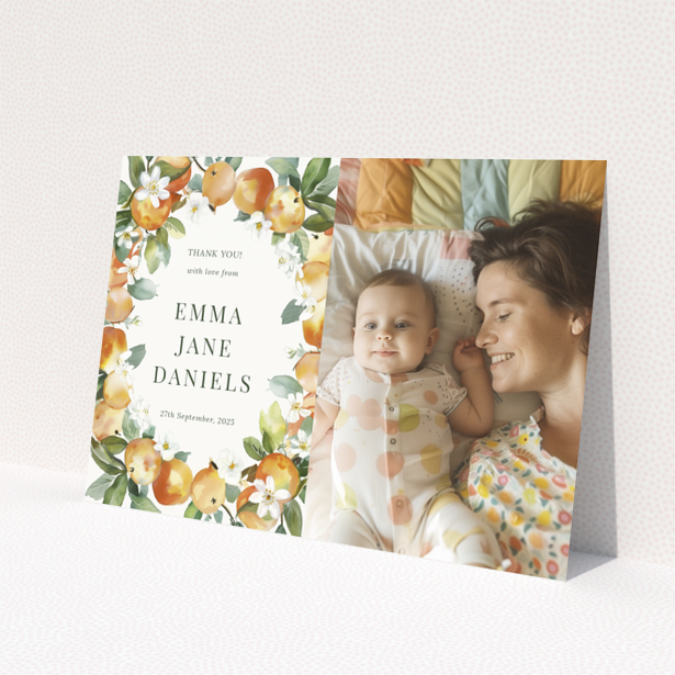 Baby thank you card design with one photo and floral border.