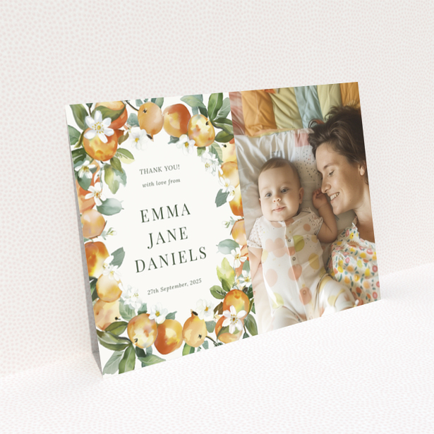 Baby thank you card design reverse side with empty space for custom text and one photo on Landscape background