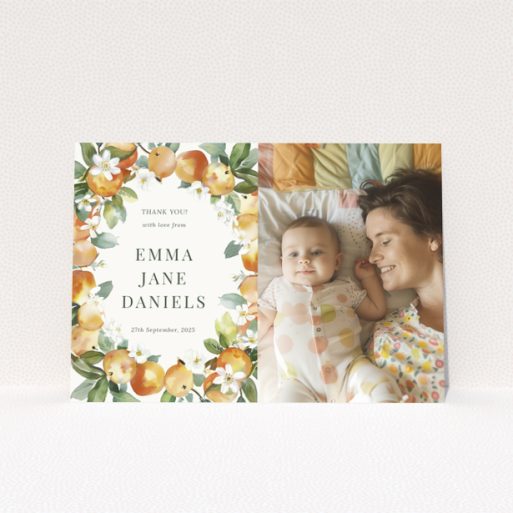 Baby thank you card design with one photo and floral border.