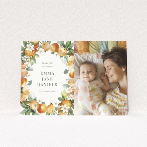 Baby thank you card design with one photo and floral border.