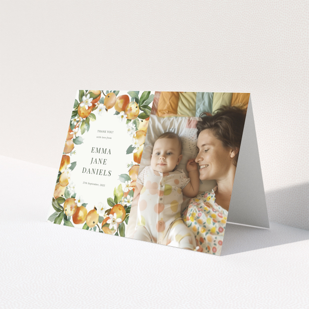 Baby thank you card design with one photo and floral border.