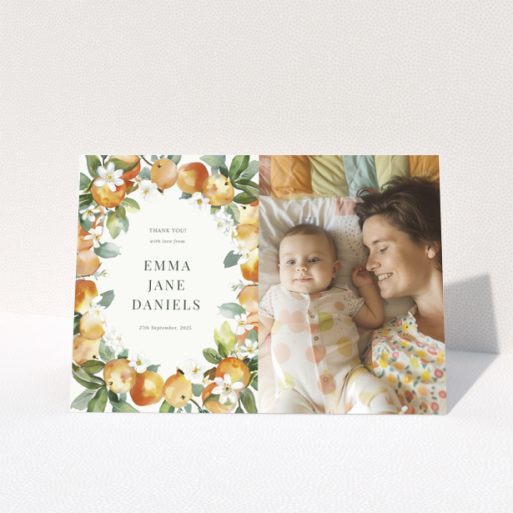 Baby thank you card design with one photo and floral border.