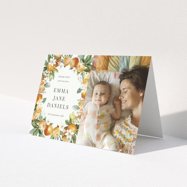 Baby thank you card design with one photo and floral border.