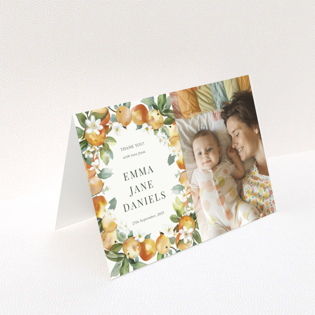 Baby thank you card design with one photo and floral border.