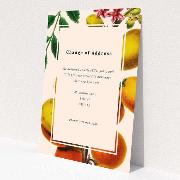 Change of address card featuring elegant fruit illustrations with text, no photos included