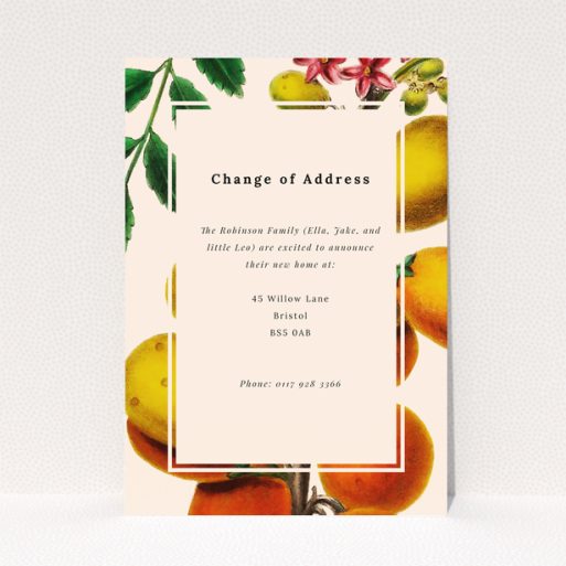 Change of address card featuring elegant fruit illustrations with text, no photos included