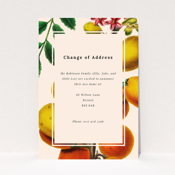 Change of address card featuring elegant fruit illustrations with text, no photos included