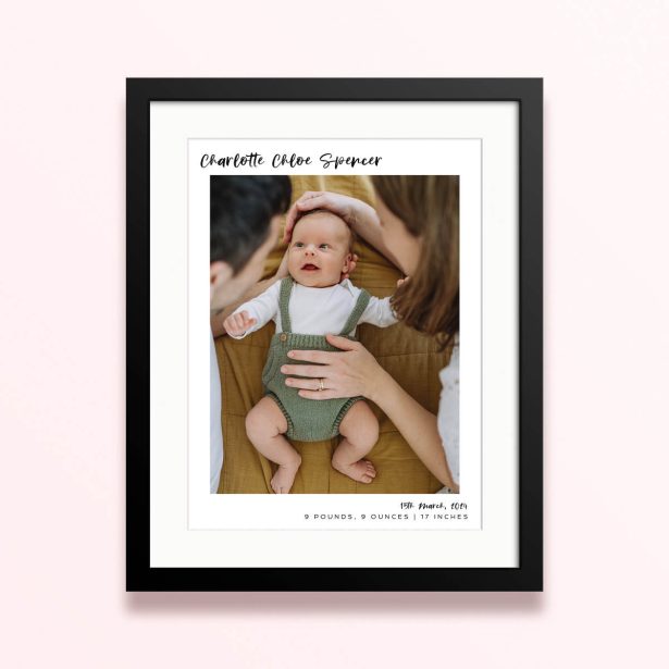 Framed and mounted photo print with one photo, personalised for a birth announcement.