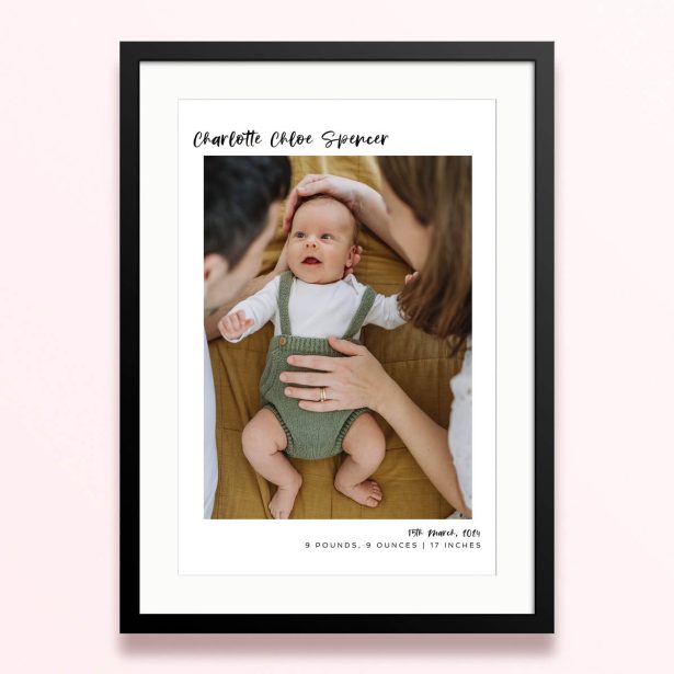 Framed and mounted photo print with one photo, personalised for a birth announcement.