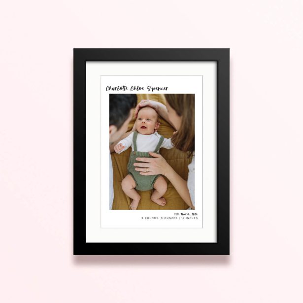 Framed and mounted photo print with one photo, personalised for a birth announcement.