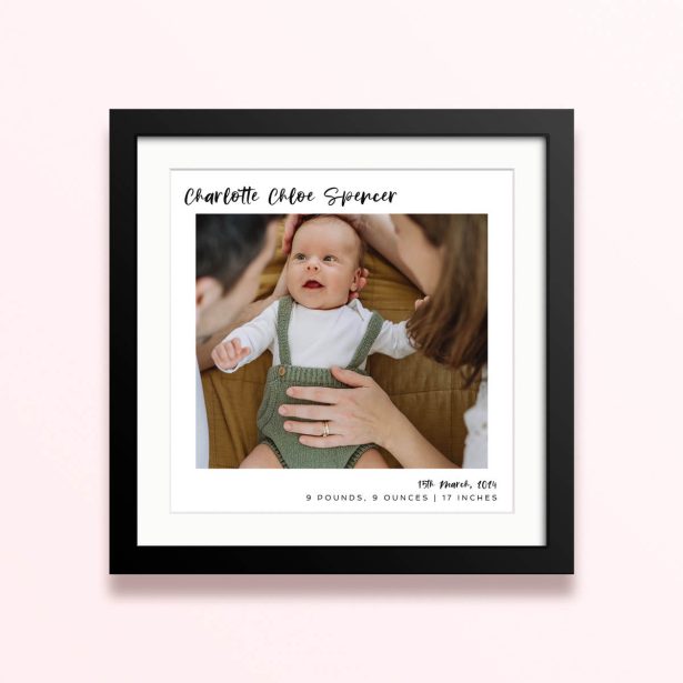 Framed and mounted photo print with one photo, personalised for a birth announcement.