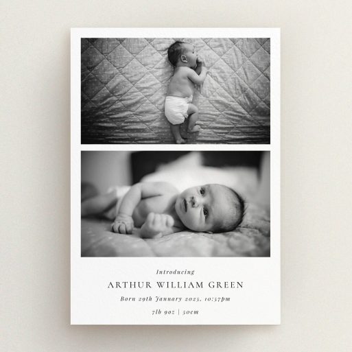 Black and white birth announcement card with two photos of a newborn baby