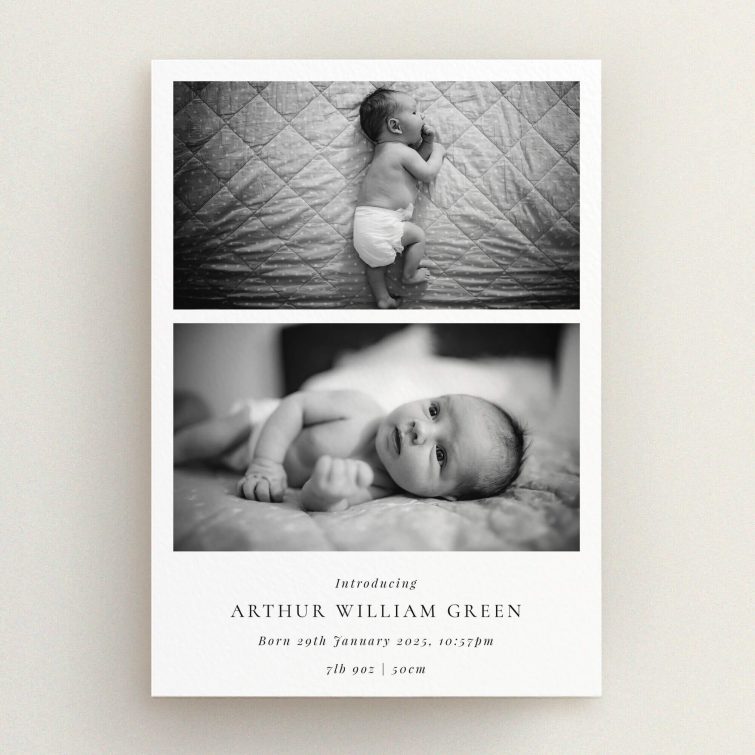 Black and white birth announcement card with two photos of a newborn baby