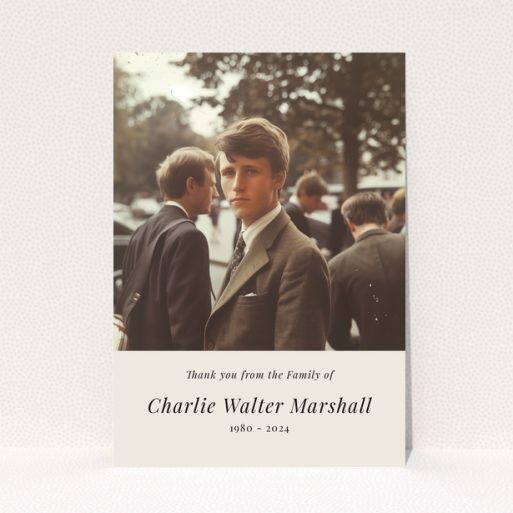 Elegant funeral thank you card with vintage-style photo of a young man in a suit and tie