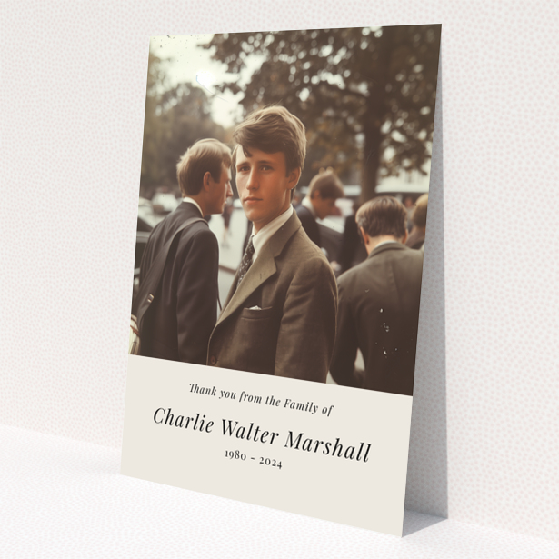 Elegant funeral thank you card with vintage-style photo of a young man in a suit and tie