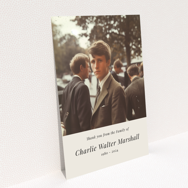 Elegant funeral thank you card with vintage-style photo of a young man in a suit and tie