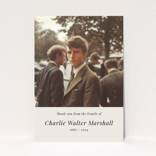 Elegant funeral thank you card with vintage-style photo of a young man in a suit and tie